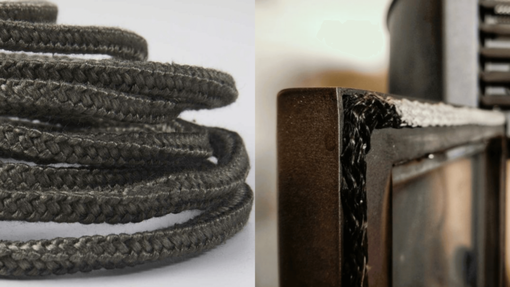 Joint haute température en fibre de verre de couleur noire enroulé sur la photo de gauche et intégré dans la porte d’un poêle à granulés pour l’étanchéité à droite